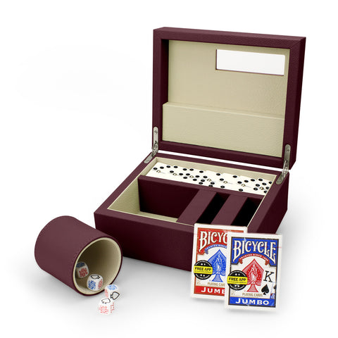Caja cubilete, cartas y dominó